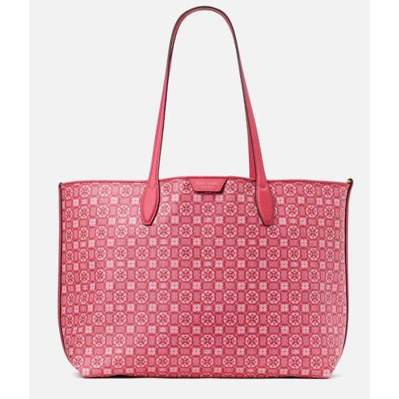 New Kate Spade Flower Monogram Coated Canvas Tote Raspberry Multi with Pouch - Picture 3 of 4